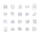 portfolio management outline icons collection. Portfolio, Management, Investment, Asset, Stocks, Bonds, Risk vector and illustration concept set. Analyze, Strategies, Rebalancing linear signs