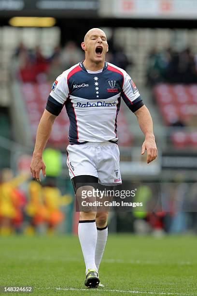 Rebels centre Stirling Mortlock reacts during the Super Rugby match between DHL Stormers and Melbourne Rebels at DHL Newlands on July 14, 2012 in...