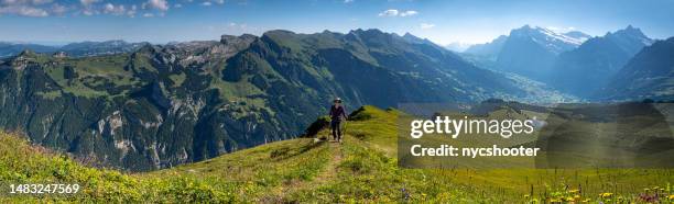 switzerland travel - panoramic view of hiking the swiss alps - mannlichen stock pictures, royalty-free photos & images