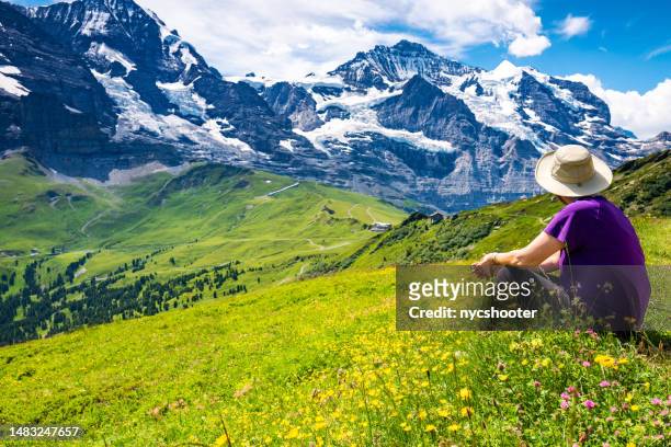 switzerland travel - woman enjoying the views of the swiss alps - jungfraujoch stockfoto's en -beelden