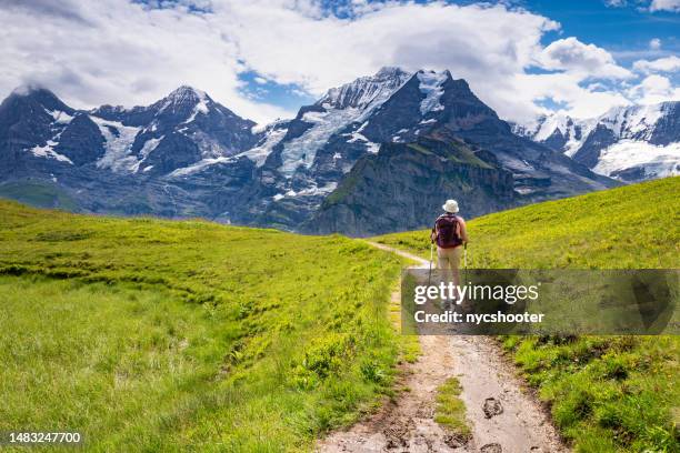 switzerland travel - woman hiking through the mountain view trail in the swiss alps in the jungfrau region. - shoes top view stock pictures, royalty-free photos & images