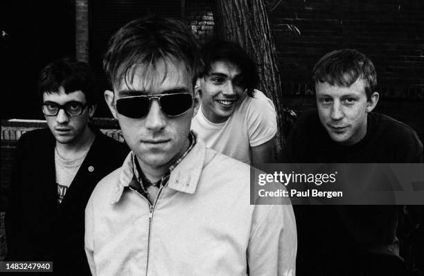 Left to right Graham Coxon, Damon Albarn, Alex James, Dave Rowntree of Blur, group portrait, Amsterdam, Netherlands 29th July 1994.