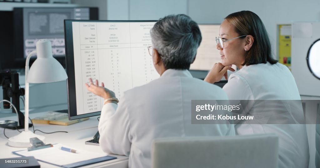 Science, hospital and women on computer for research, medical report and data analytics in laboratory. Healthcare, teamwork and female scientist in discussion for analysis, results and biotechnology