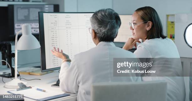 science, hospital and women on computer for research, medical report and data analytics in laboratory. healthcare, teamwork and female scientist in discussion for analysis, results and biotechnology - medical document stock pictures, royalty-free photos & images