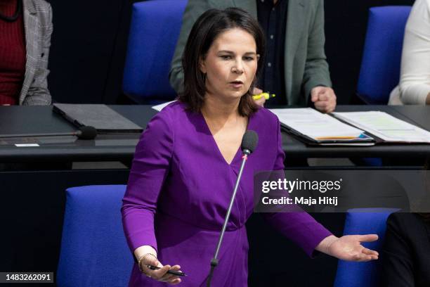 German Foreign Minister and Greens Party member Annalena Baerbock responds to questions from fellow parliamentarians at a federal government question...