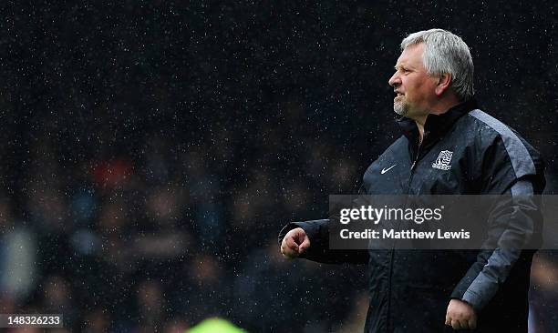 Paul Sturrock, manager of Southend United looks on during the Pre-Season Friendly match between Southend United and West Ham United at Roots Hall on...