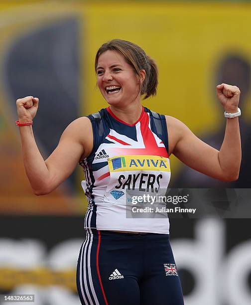 Goldie Sayers of Great Britain celebrates throwing a new British Javerlin record during day two of the Aviva London Grand Prix at Crystal Palace on...