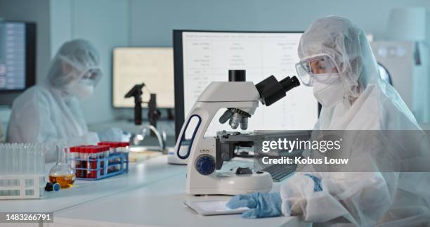 mikroskop, medizinische forschung und schutzausrüstung in einem labor mit wissenschaftlern, die arbeiten. virenexperte, arbeits- und sicherheitslabor im wissenschaftslabor mit biohazard-anzug und personal mit risikomaske - biogefährliche substanz stock-fotos und bilder