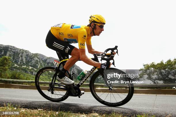 Race leader Bradley Wiggins of Great Britain and SKY Procycling in action during stage thirteen of the 2012 Tour de France from Saint-Paul Trois...