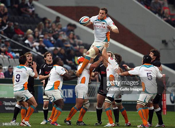 Andries Ferreira of the Cheetahs jumps in the line-out during the Super Rugby match between the Sharks and Toyota Cheetahs at Mr Price Kings Park on...