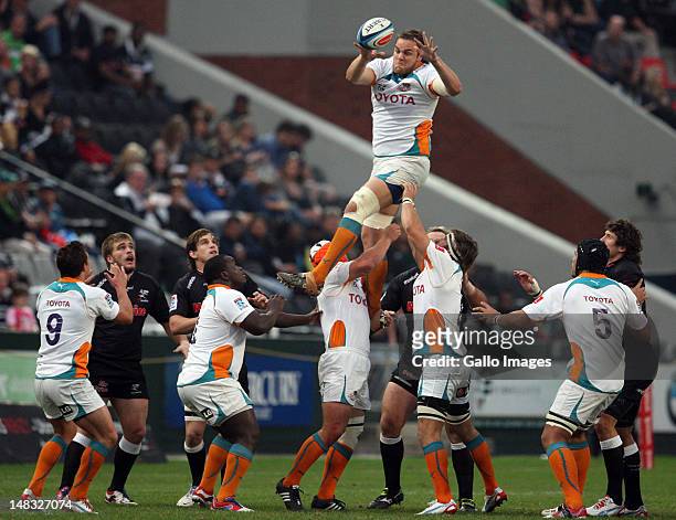 Andries Ferreira of the Cheetahs jumps in the line-out during the Super Rugby match between the Sharks and Toyota Cheetahs at Mr Price Kings Park on...