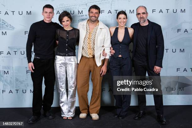 Actors Aron Piper, Elena Anaya, Alex Garcia, Maria Luisa Mayol and Luis Tosar attend the "Fatum" photocall at Hotel URSO on April 19, 2023 in Madrid,...