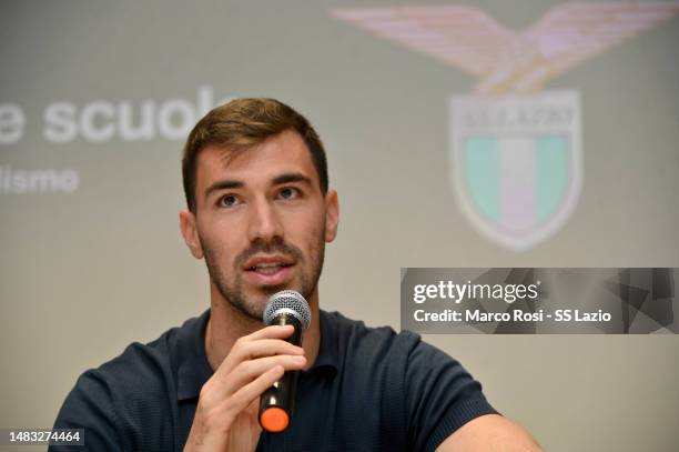 Alessio Romagnoli of SS Lazio speaks as SS Lazio players meet students at the institute High school Marymount on April 19, 2023 in Rome, Italy.