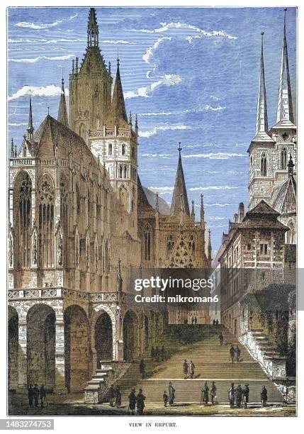 old engraved illustration of erfurt, the capital and largest city in the central german state of thuringia - thuringia stock pictures, royalty-free photos & images