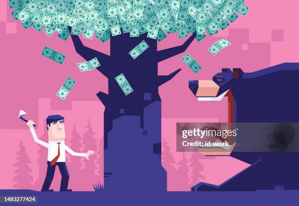 geschäftsmann hackt geldbaum und trifft wütenden bären - prosperity stock-grafiken, -clipart, -cartoons und -symbole