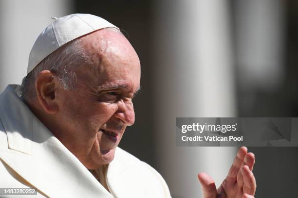 Pope Francis waves to the faithful as he arrives at St. Peter's Square for his weekly general audience on April 19, 2023 in Vatican City, Vatican....