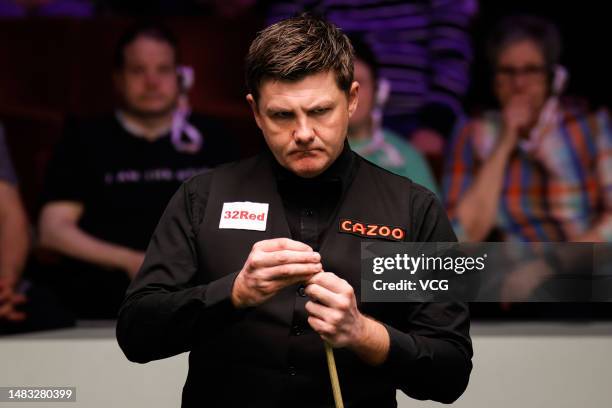 Ryan Day of Wales reacts in the first round match against Kyren Wilson of England on day 5 of the 2023 Cazoo World Championship at Crucible Theatre...