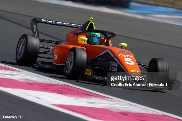 Emely de Heus of Netherlands and MP Motorsport drives on track during F1 Academy Testing at Circuit Paul Ricard on April 19, 2023 in Le Castellet,...