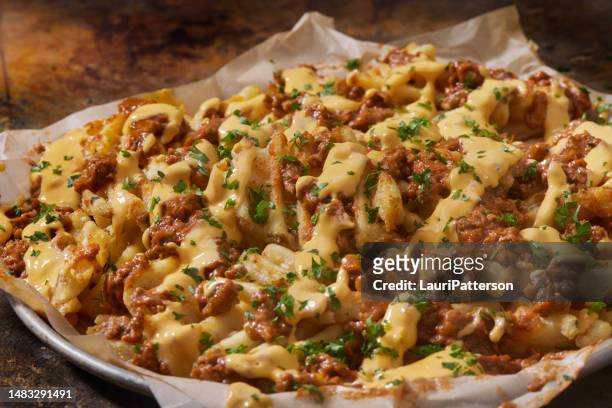 chili cheese waffle fries - waffle stock pictures, royalty-free photos & images