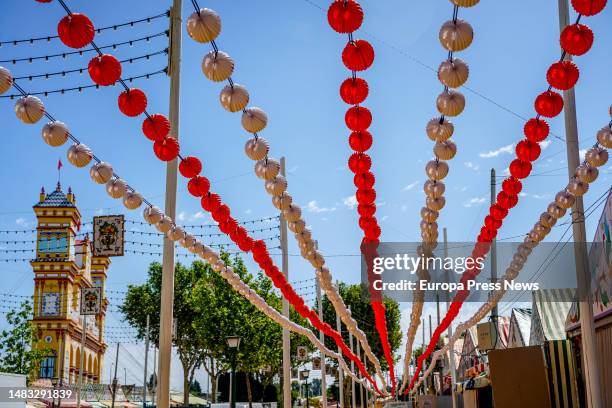 Lanterns in the Real de la Feria de Sevilla on April 19, 2023 in Seville . Seville hotels are at 85% occupancy for the entire April Fair, according...