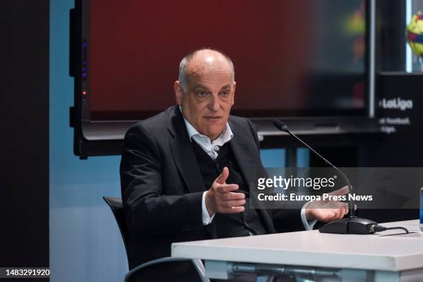 LaLiga president, Javier Tebas, during a press conference after an Extraordinary Assembly to analyze the 'Negreira case', on 19 April, 2023 in...