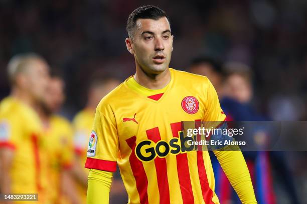 Borja Garcia of Girona FC looks on during the LaLiga Santander match between FC Barcelona and Girona FC at Spotify Camp Nou on April 10, 2023 in...