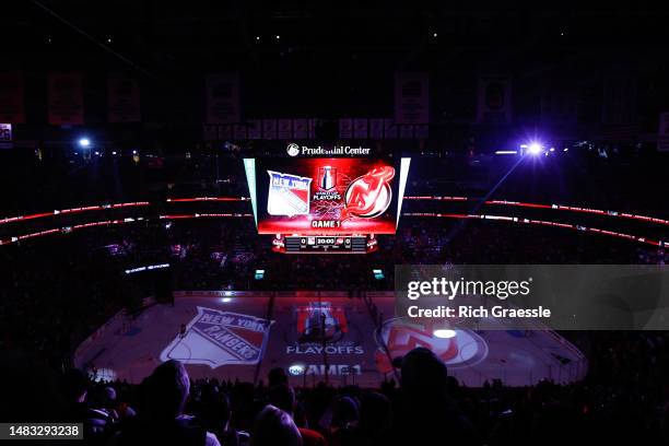 General view of the team and Stanley Cup logos on the ice prior to Game One of the First Round of the 2023 Stanley Cup Playoffs at the Prudential...