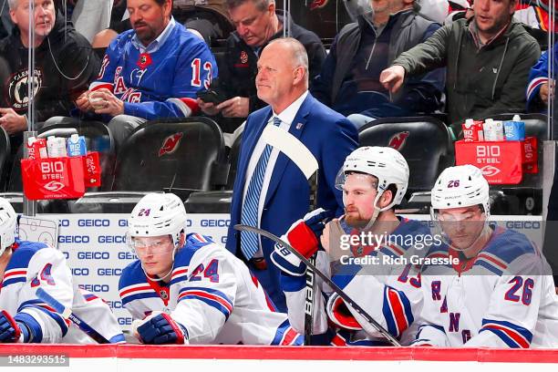 Gerard Gallant head coach of the New York Rangers behind the bench during Game One of the First Round of the 2023 Stanley Cup Playoffs against the...