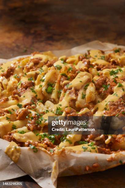 chili cheese waffle fries - waffle stock pictures, royalty-free photos & images