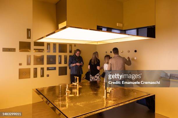People visit a design exhibition by German manufacturer Grohe Spa at Pinacoteca di Brera, Brera district, on April 19, 2023 in Milan, Italy. Every...