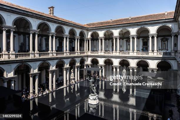 General view of the installation “Health Through Water" by German manufacturer Grohe Spa at Pinacoteca di Brera, Brera district, on April 19, 2023 in...