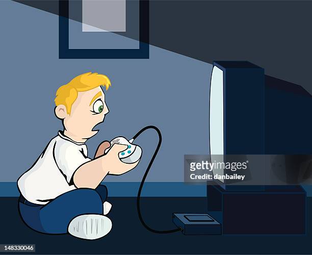 computer gamer - children playing video games on sofa stock illustrations