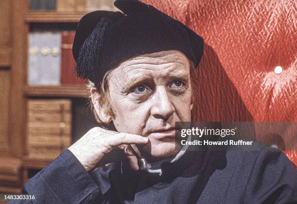 Close-up of American actor John Byner on the set of a corporate, commissioned by Ohio Bell, in the company's television studio, Cleveland, Ohio,...