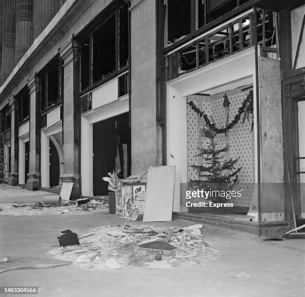 Christmas tree and Christmas decorations in a blown-out window following the Provisional IRA exploded a car bomb outside Selfridge's department store...