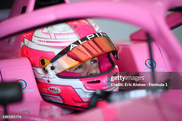 Abbi Pulling of Great Britain and Rodin Carlin looks on during F1 Academy Testing at Circuit Paul Ricard on April 19, 2023 in Le Castellet, France.