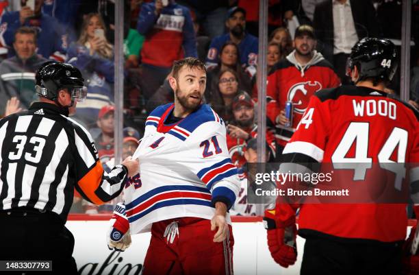 Barclay Goodrow of the New York Rangers skates against the New Jersey Devils during Game One in the First Round of the 2023 Stanley Cup Playoffs at...