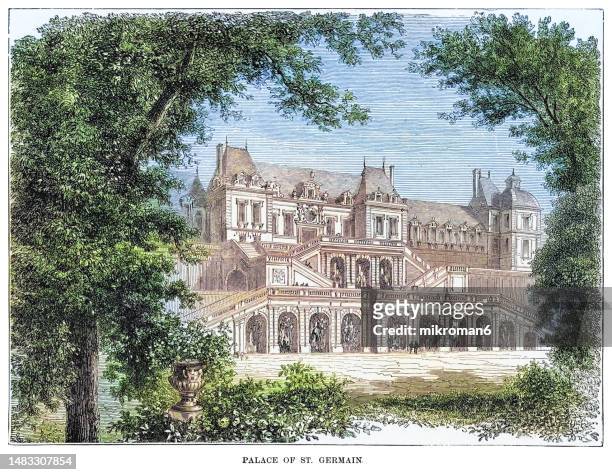 old engraved illustration of palace of saint-germain - yvelines stock pictures, royalty-free photos & images