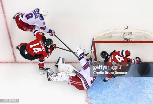 Igor Shesterkin of the New York Rangers skates against the New Jersey Devils during Game One in the First Round of the 2023 Stanley Cup Playoffs at...