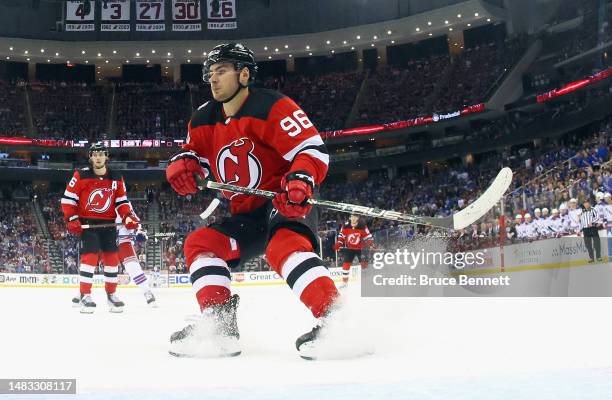 Timo Meier of the New Jersey Devils skates against the New York Rangers during Game One in the First Round of the 2023 Stanley Cup Playoffs at the...