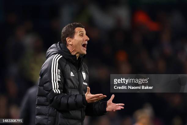 Javi Gracia, Manager of Leeds reacts during the Premier League match between Leeds United and Liverpool FC at Elland Road on April 17, 2023 in Leeds,...