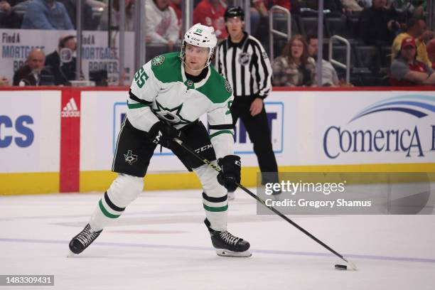 Thomas Harley of the Dallas Stars skates against the Detroit Red Wings at Little Caesars Arena on April 10, 2023 in Detroit, Michigan.