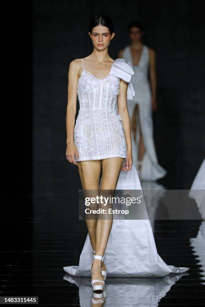 Model walks the runway during the Yolancris show as part of the Barcelona Bridal Week 2023 on April 19, 2023 in Barcelona, Spain.