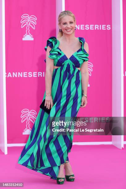 Sarah Michelle Gellar attends the handprints ceremony on the pink carpet during the 6th Canneseries International Festival : Day Six on April 19,...