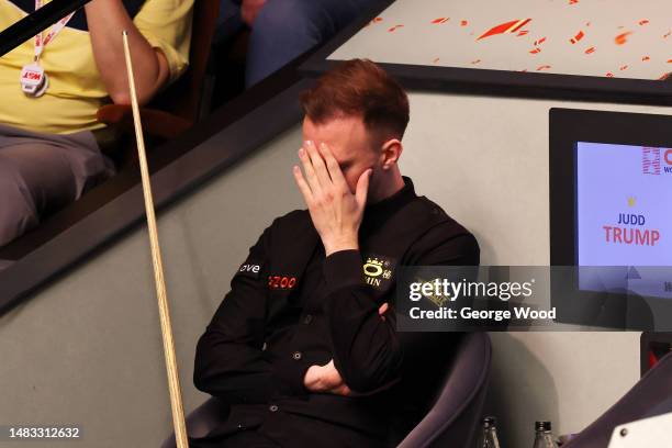 Judd Trump of England looks dejected during their round one match against Anthony McGill of Scotland on Day Five of the Cazoo World Snooker...