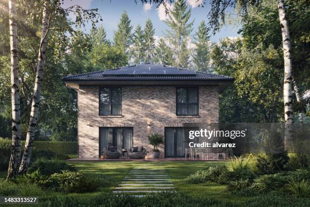 3d rendering of a forest bungalow surrounded by trees on a summer day - bungalow stock pictures, royalty-free photos & images