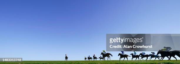 General view as runners ease down as they pull up after The bet365 European Breeders' Fund Maiden Fillies' Stakes at Newmarket Racecourse on April...