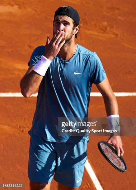 Karen Khachanov celebrates his matchpoint against Nicolas Jarry of Chile after their Men's Singles Second Round match of the Barcelona Open Banc...