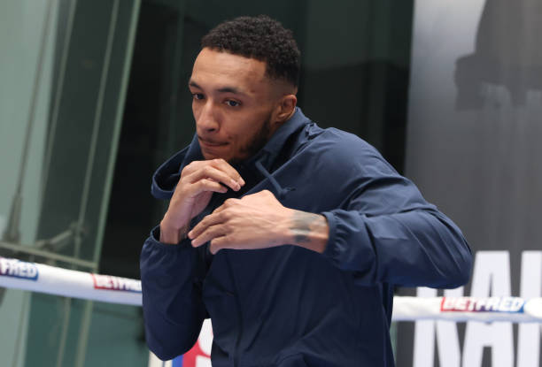 Boxer Zelfa Barrett takes part in a public work out ahead of his fight with Jason Sanchez on April 19, 2023 in Cardiff, Wales.