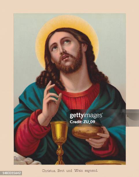 stockillustraties, clipart, cartoons en iconen met christ - blessing bread and wine, chromolithograph, published in 1896 - jesus