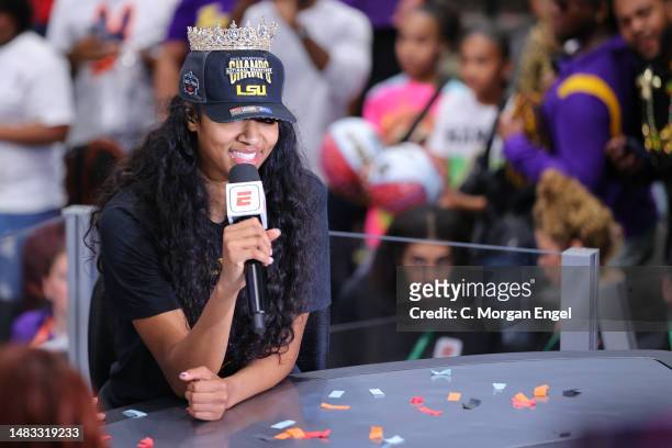 Angel Reese of the LSU Lady Tigers joins ESPN for an interview after defeating the Iowa Hawkeyes during the 2023 NCAA Women's Basketball Tournament...